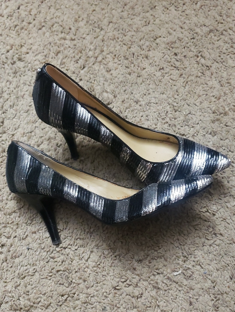 Michael Kors Black and Silver Striped Pointed Toe Heels